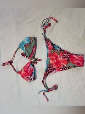 SHEIN Pink Coral & Teal Floral Tie-Side Bikini